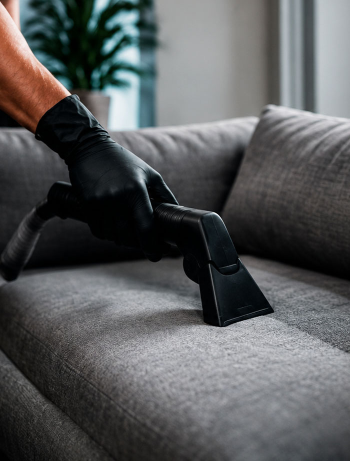 Higienização de um sofá cinzento com extratora, em detalhe